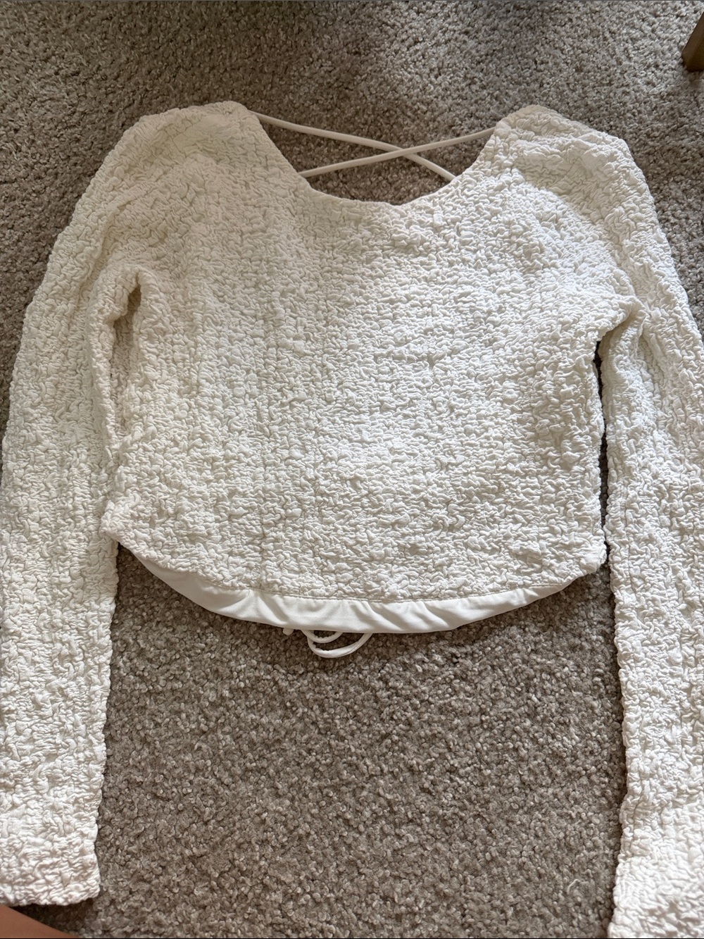Cream Textured Long-Sleeve Women's Top with Back Strap Detail